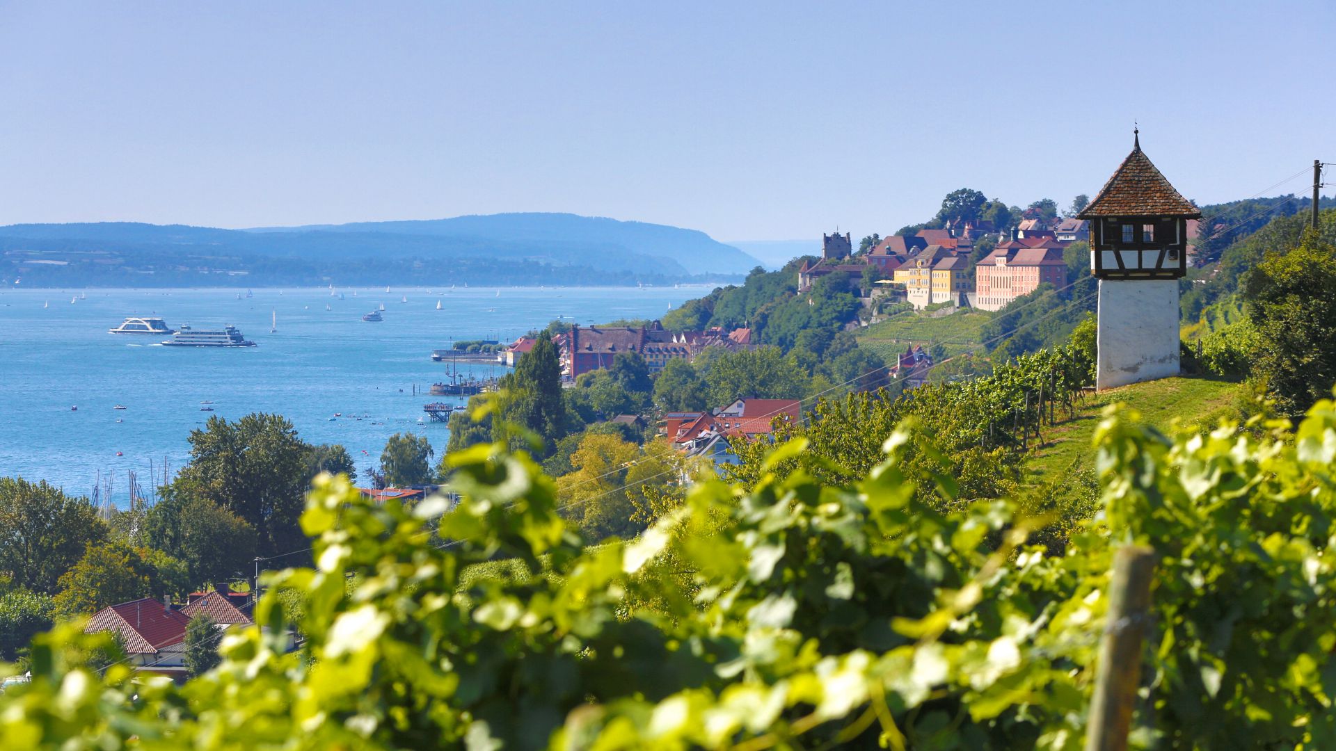 Meersburg: Weinberge mit Schloss am Bodensee