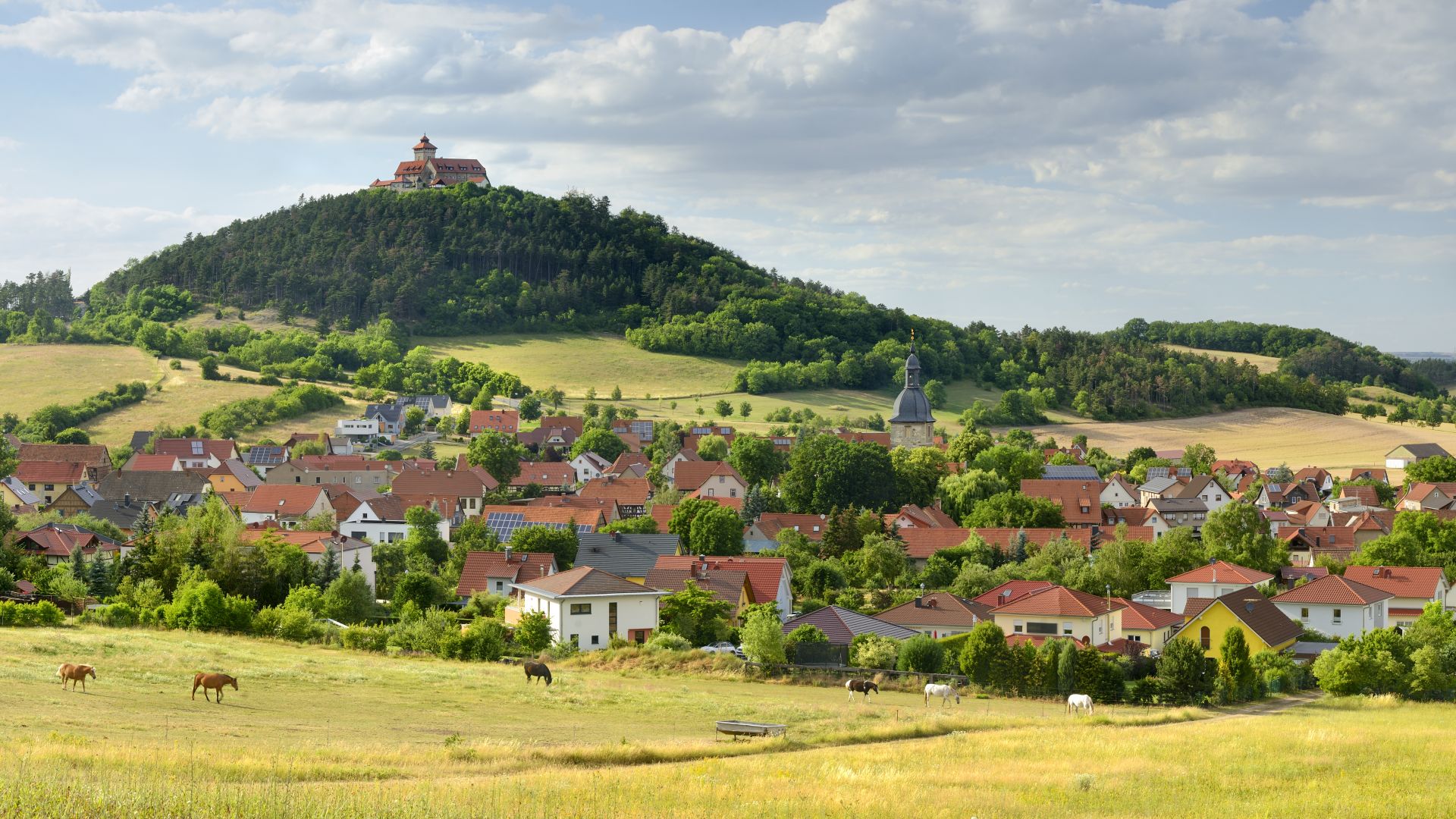 Amt Wachsenburg: View over a small town and the fields to the Veste Wachsenburg