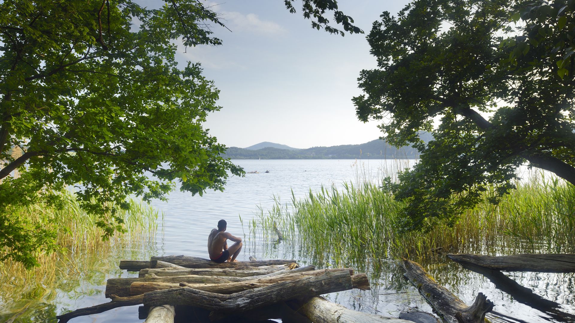 Glees : un homme assis sur des troncs d'arbre au bord du lac Lacher See