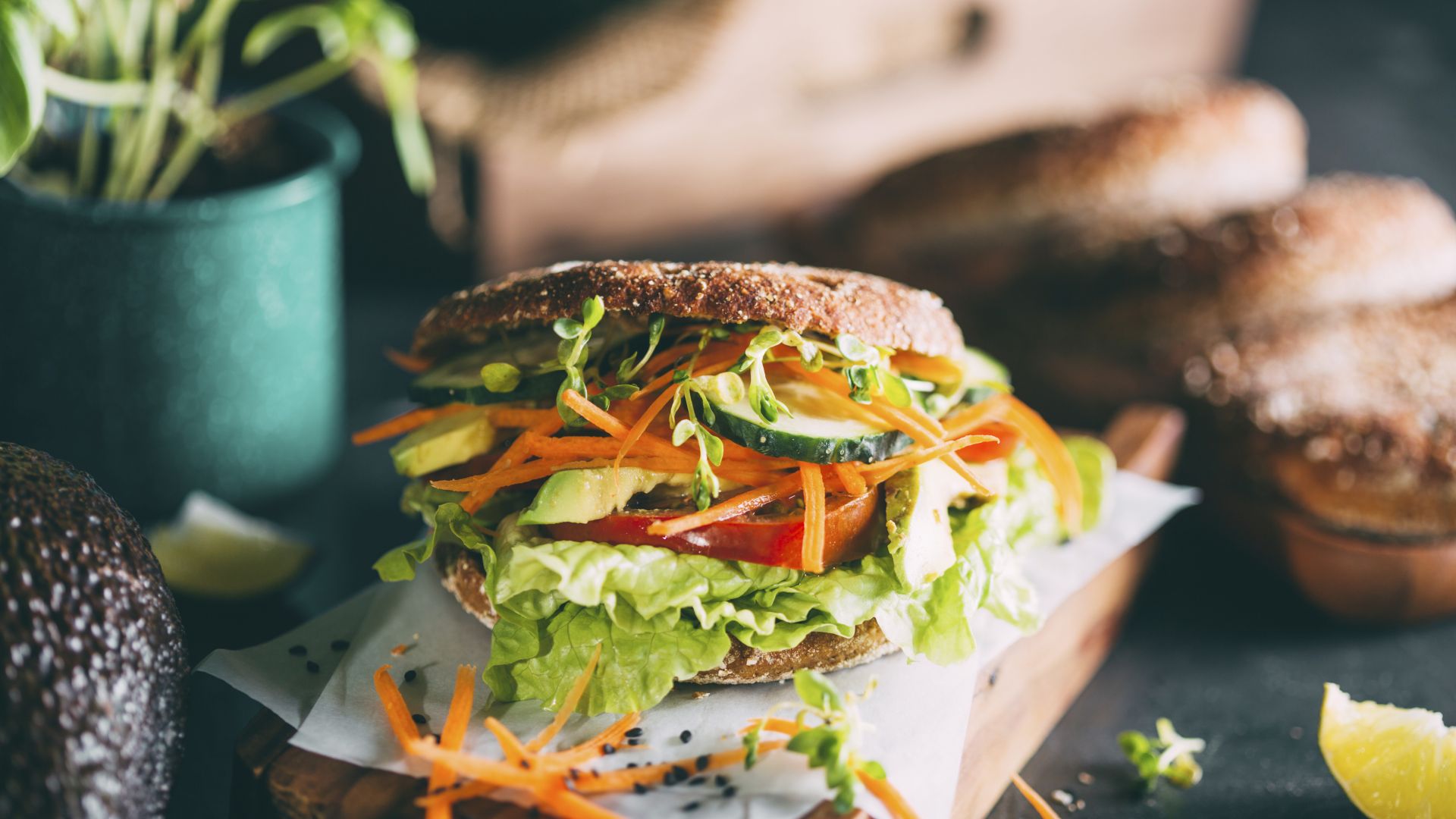 Vegetarian sandwich with lettuce, cucumber, carrot, tomato and avocado