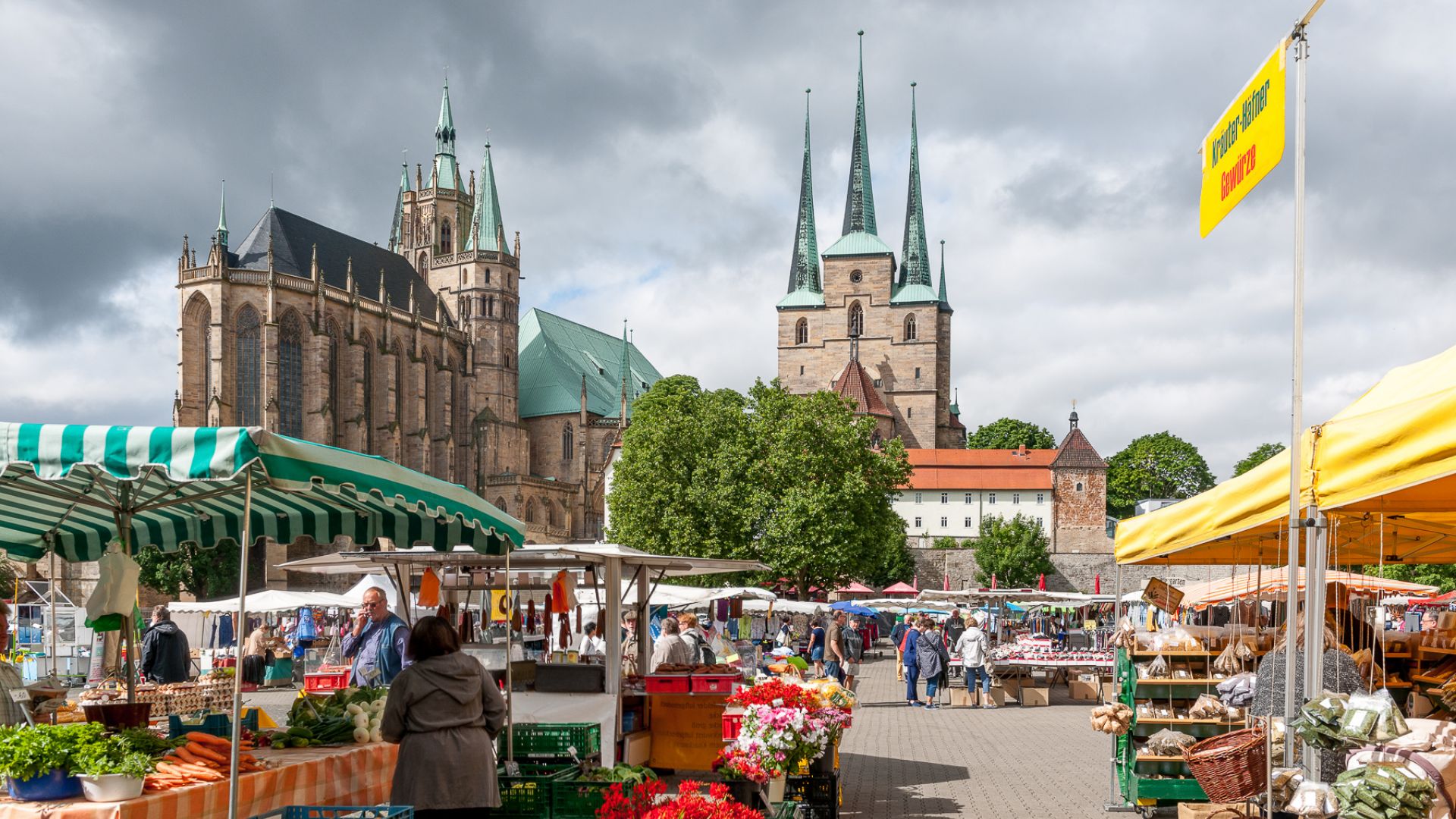 View over the busy weekly market on Erfurt`s Domplatz with the cathedral and Severi church in the background.