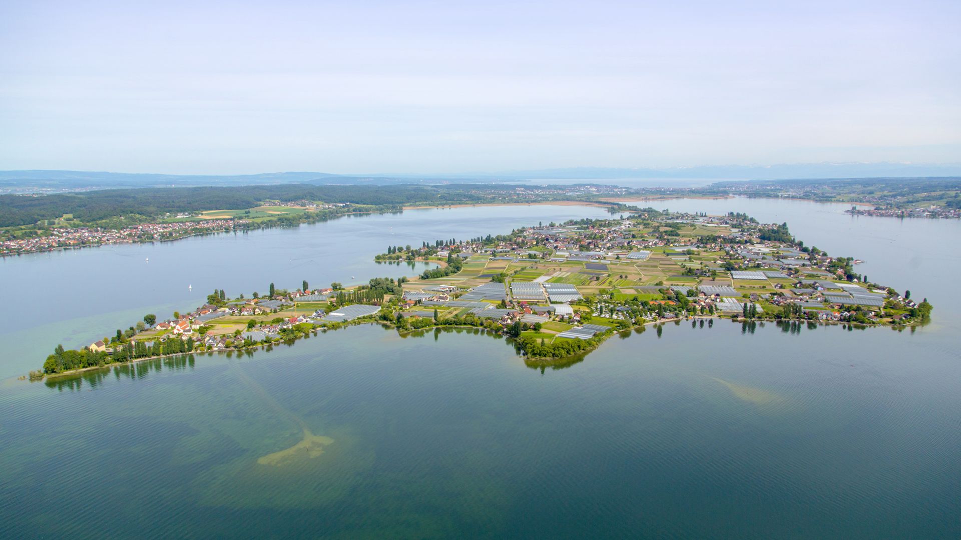 Insel Reichenau: aerial view of the monastry island, UNESCO world heritage