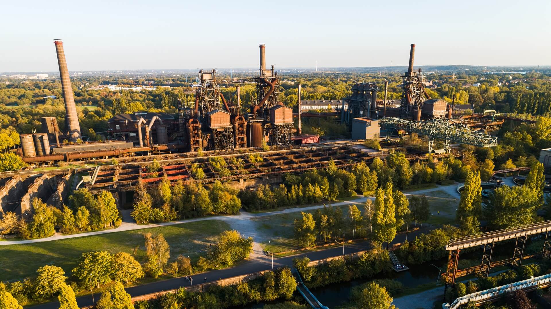 Aerial view of the park with disused ironworks and forest