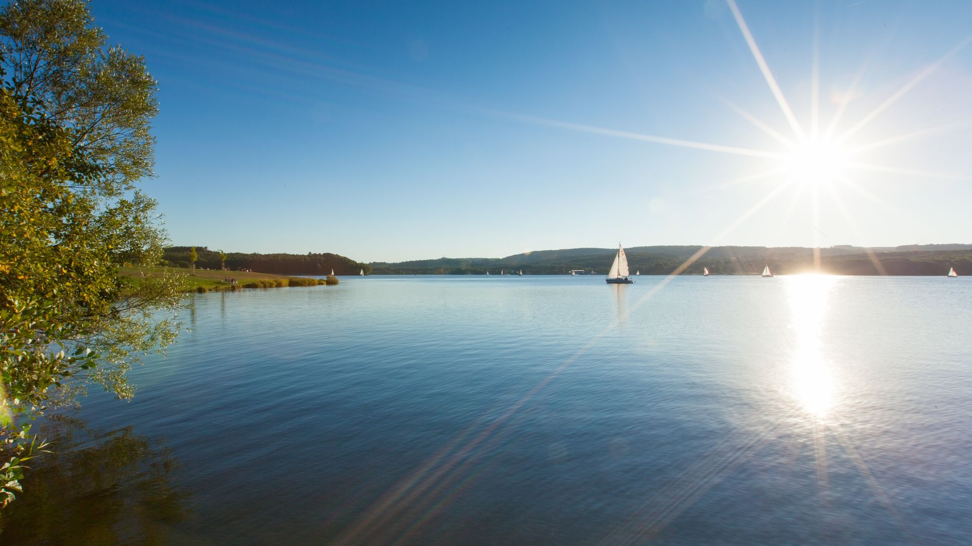 The photo shows a calm lake with a sailing boat. The sun is shining brightly in the sky and its light is reflected on the surface of the water. Trees and green land can be seen on the left-hand side of the picture.