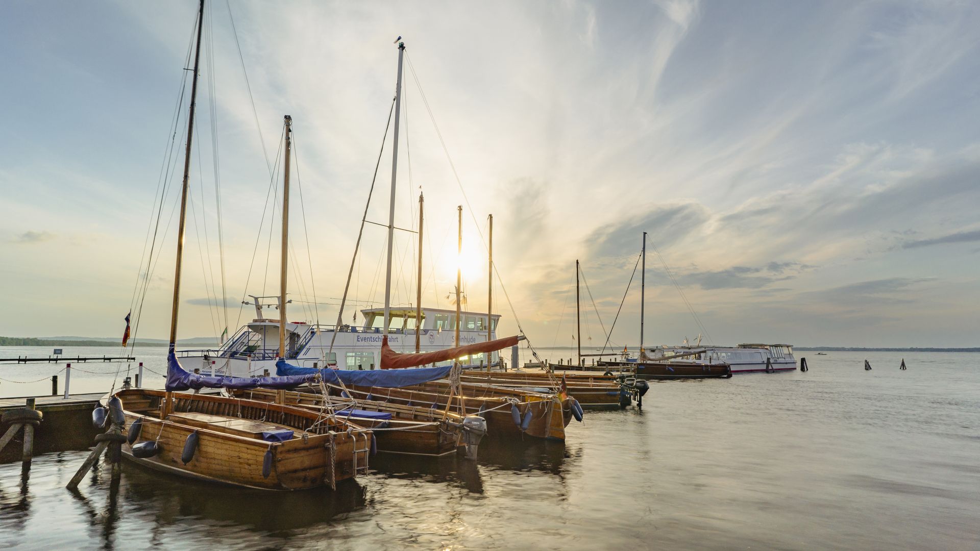 In einem Hafen in Steinhude liegen mehrere hölzerne Segelboote vor Anker, deren Masten in den Himmel ragen.