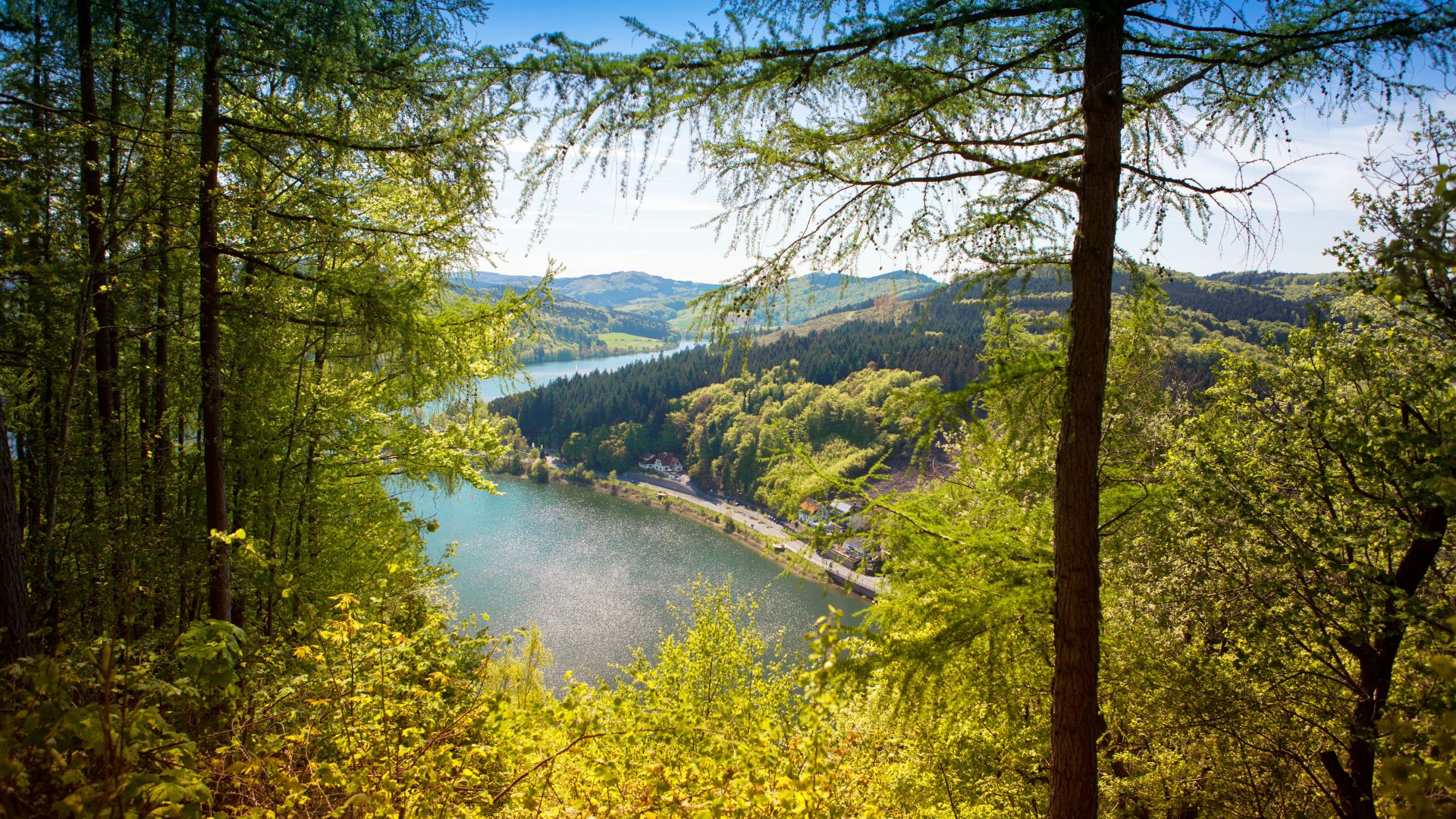 Das Bild zeigt einen Blick auf den Diemelsee im Sauerland. Bäume umrahmen den See, den umliegenden Wald und die fernen Hügel. Das Sonnenlicht bricht durch das Laub. Häuser und eine Straße sind entlang des Seeufers zu sehen.