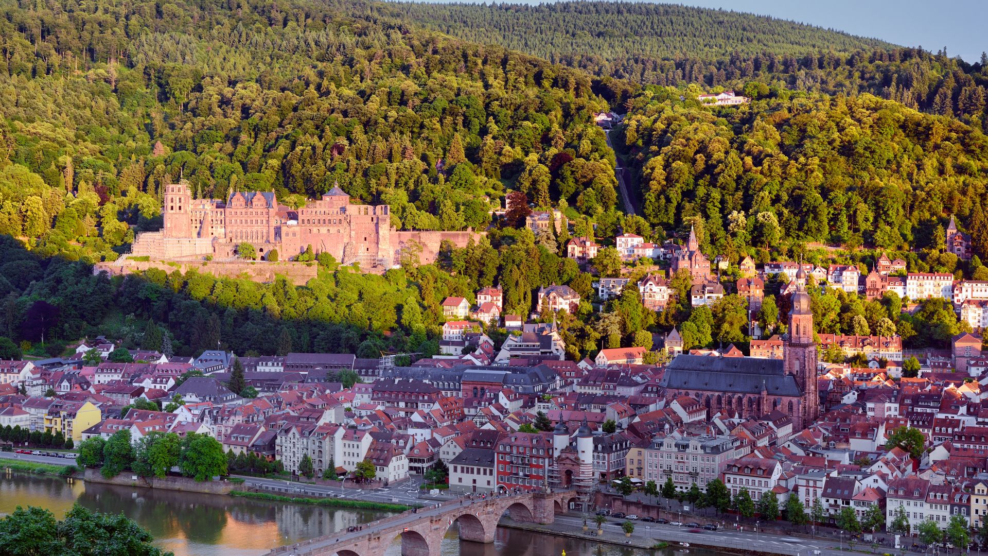 Heidelberg: The castle above the old town with the Church of the Holy Spirit and the old Neckar Bridge