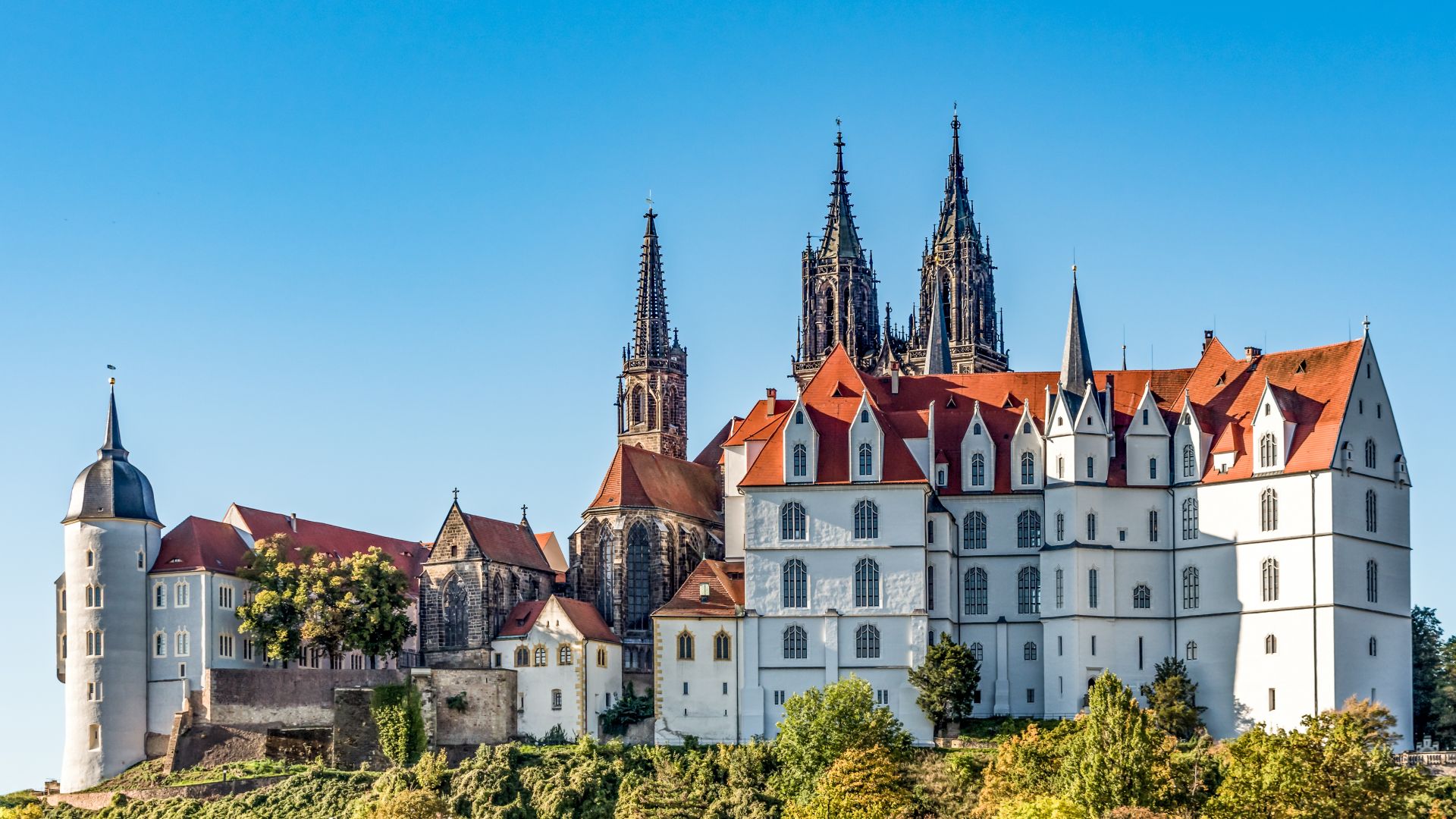 Albrechtsburg in Meißen hat eine weiße Fassade und rote Dächer, mit mehreren Türmen und Spitzen, umgeben von Grün und vor einem klaren blauen Himmel.