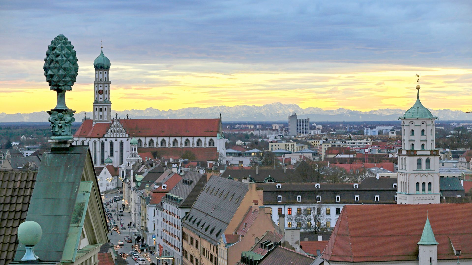 Augsburg: evening shot of Maximilianstrasse with view of the Alps