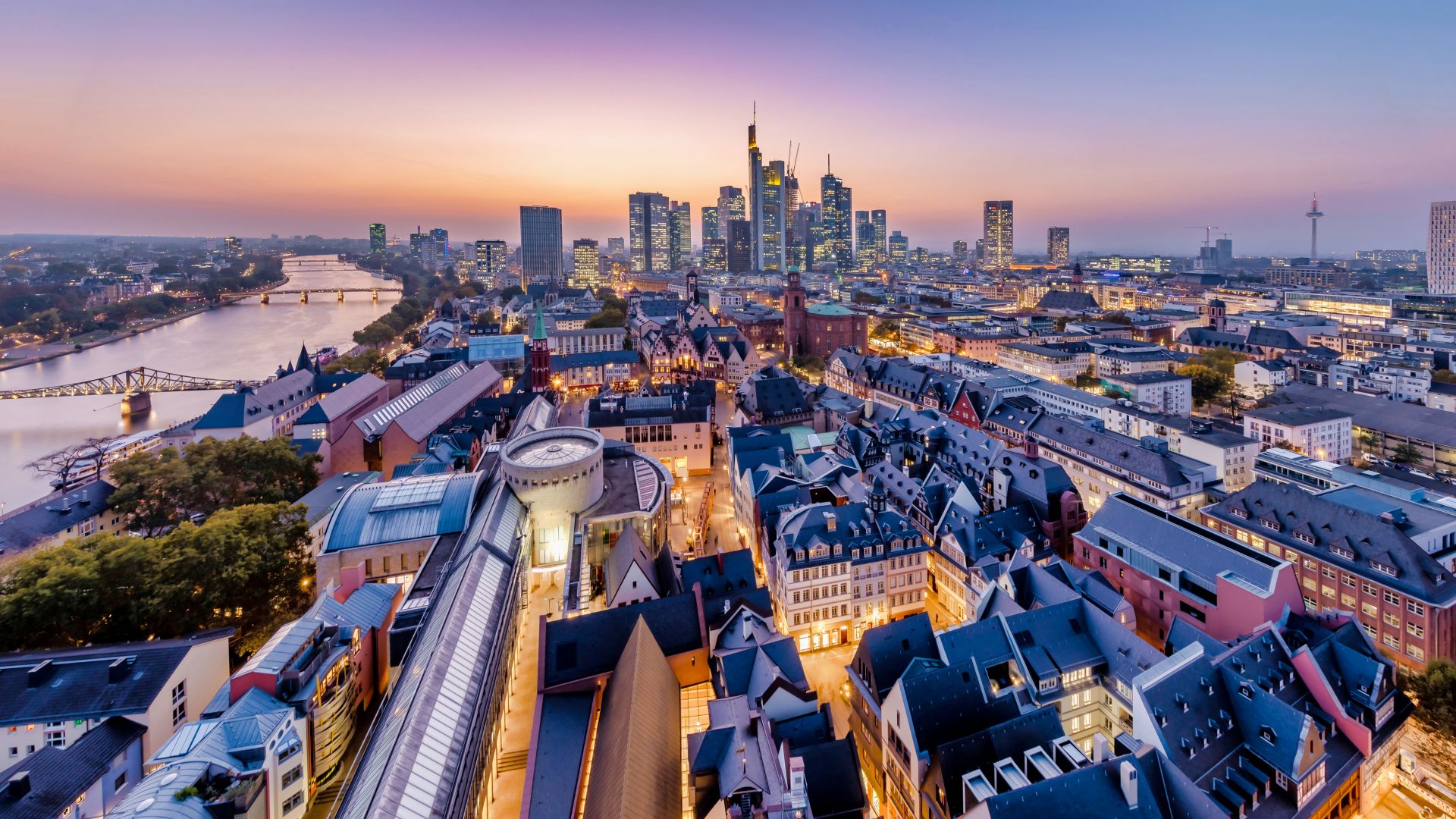 Frankfurt am Main: Skyline at sunset from the cathedral