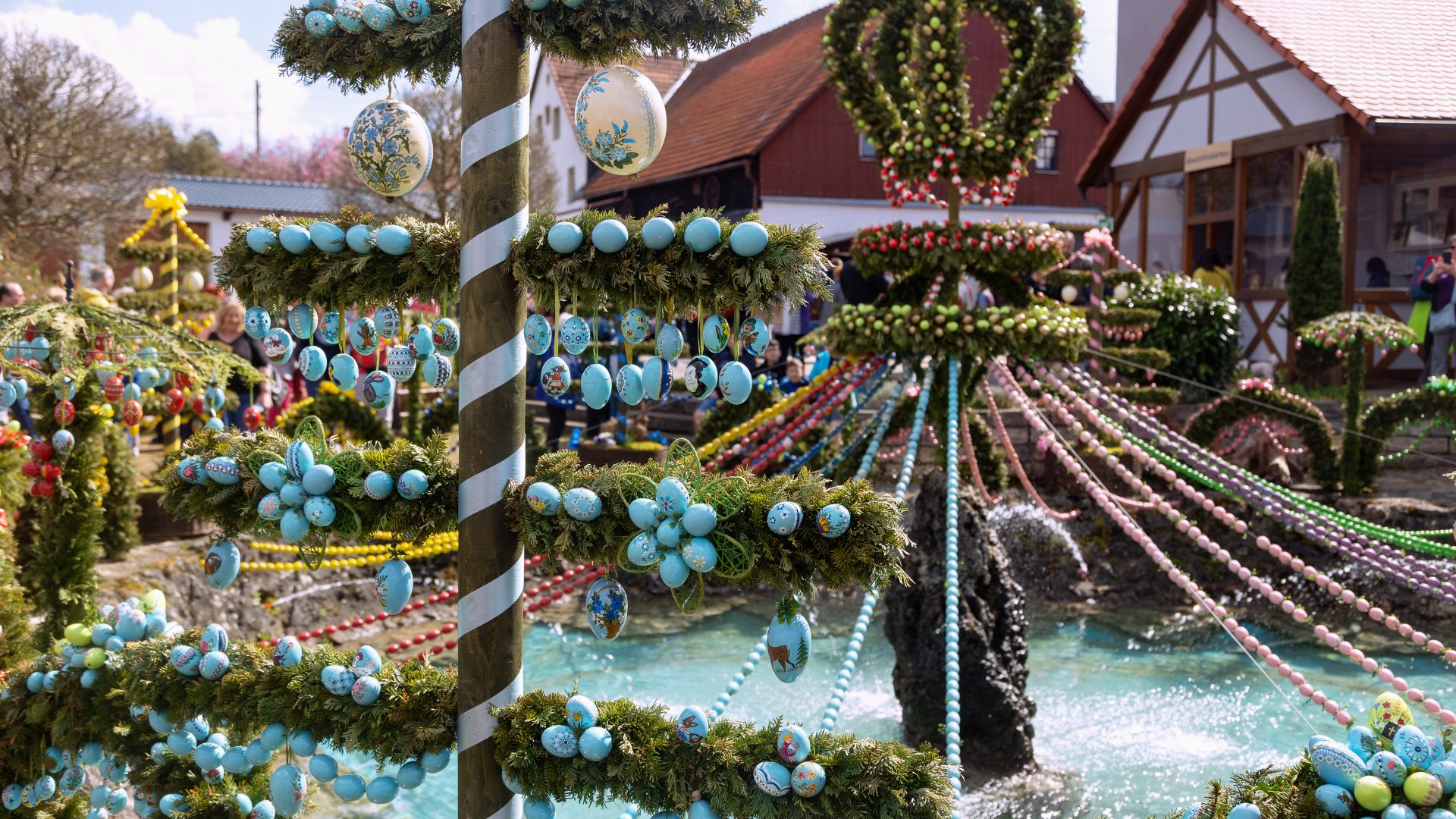 Easter fountain decorated with colorful Easter eggs in Bieberbach, the largest Easter fountain in the world.